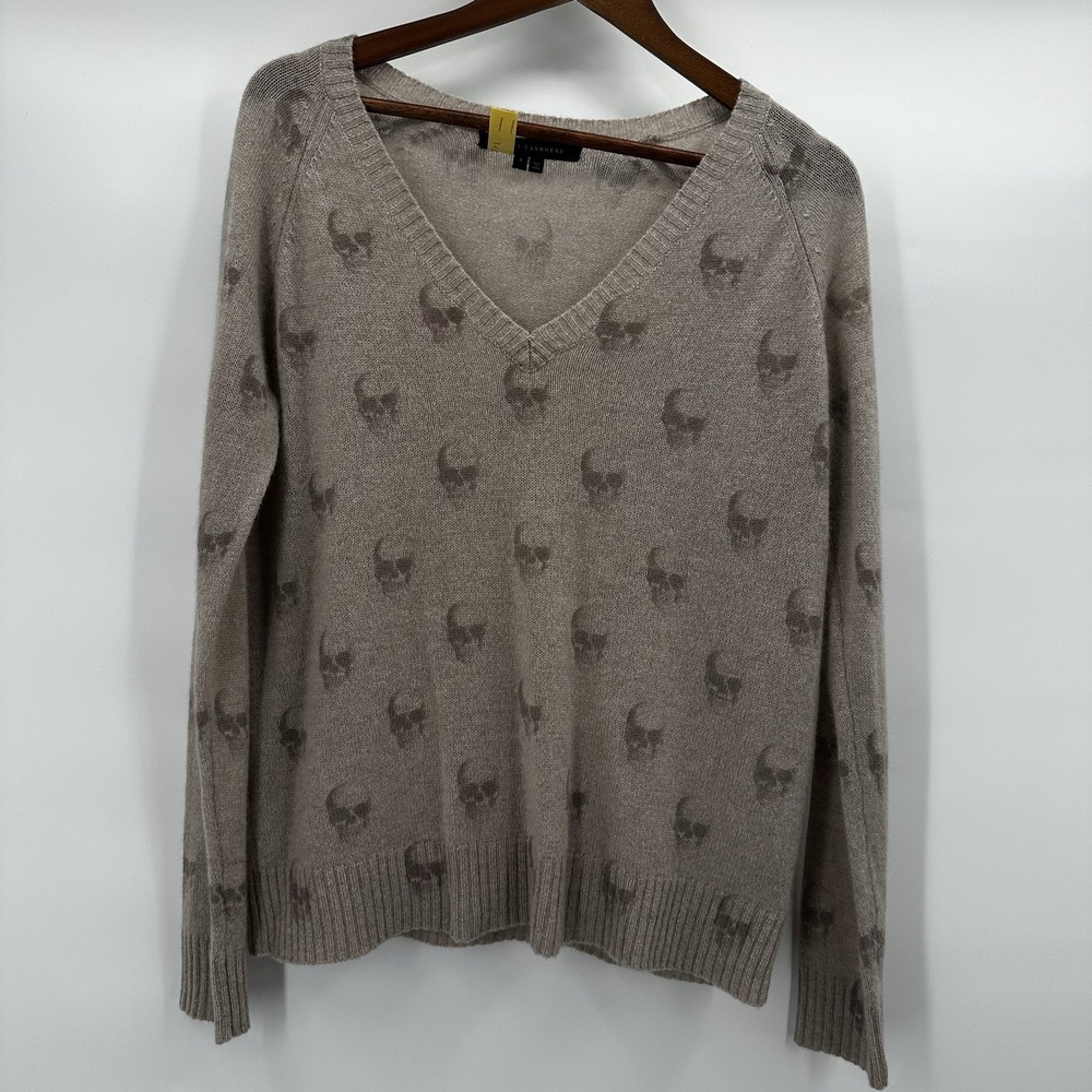 360 Cashmere Skull Sweater Womens Small Cashmere Beige Vneck Pull Over